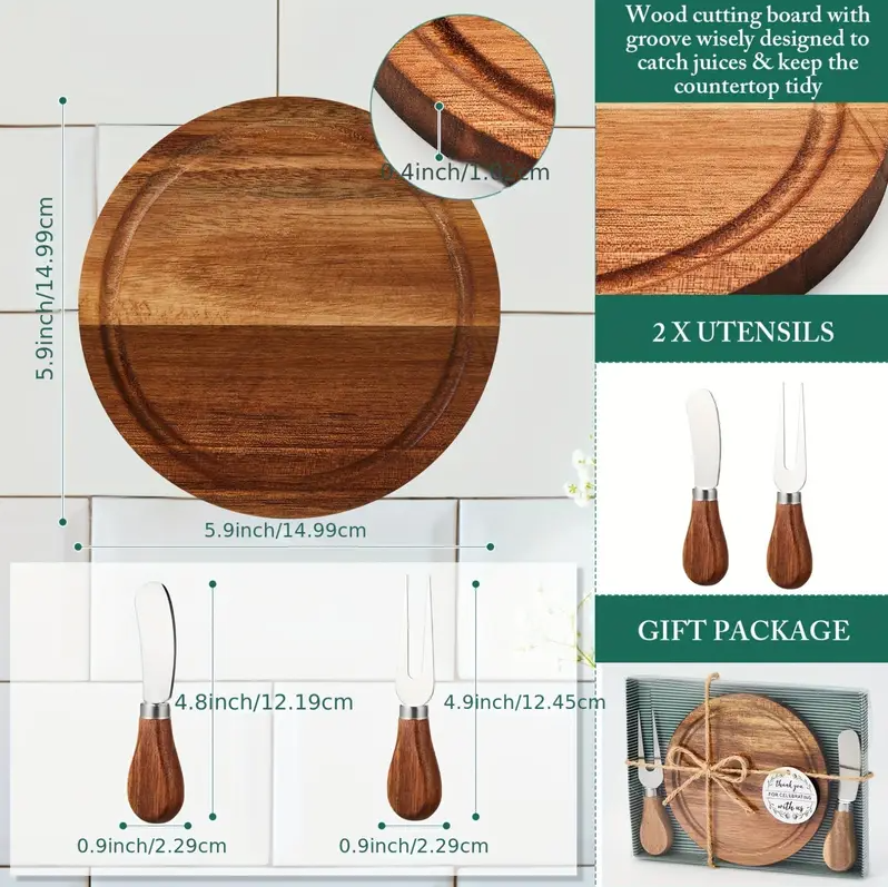 Wooden cutting board with utensils and measurements