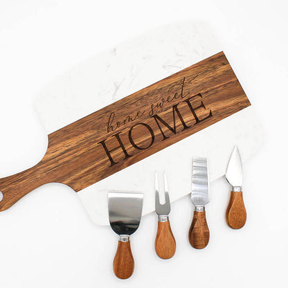 Marble & Acacia Charcuterie Board with Cheese Knife Set- "Home Sweet Home"