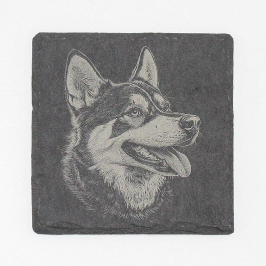 Slate coaster with a engraved dog's face 