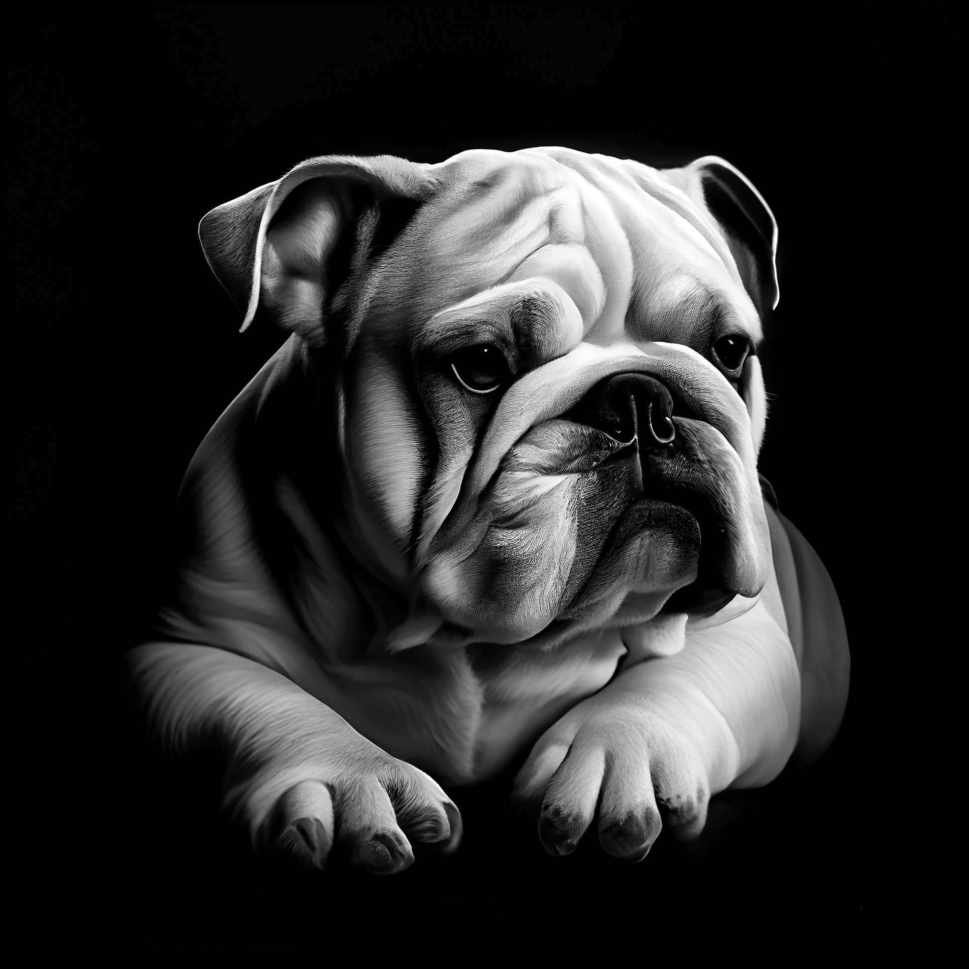 Black and white portrait of a bulldog on a black background