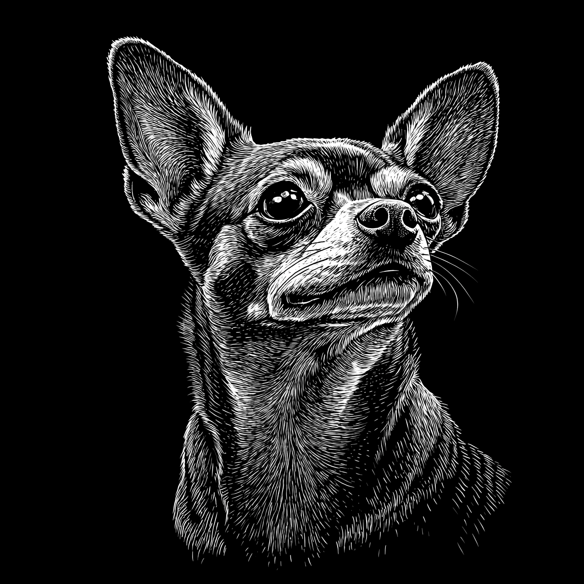 Black and white illustration of a chihuahua dog on a black background