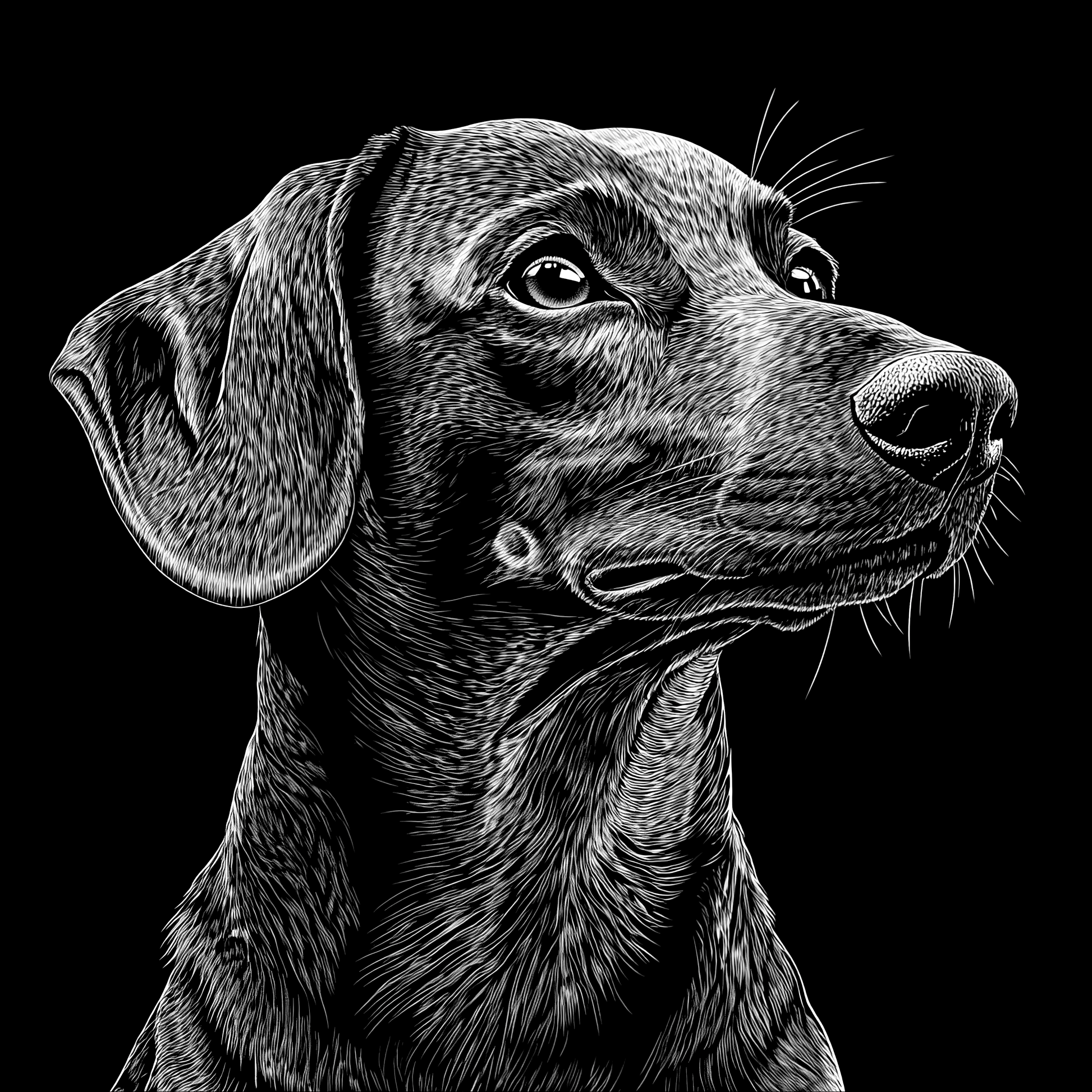 Black and white illustration of a dog's head on a black background