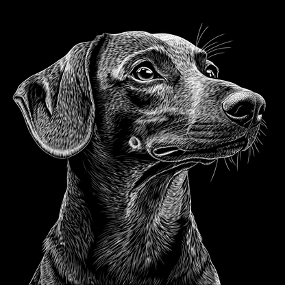 Black and white illustration of a dog's head on a black background