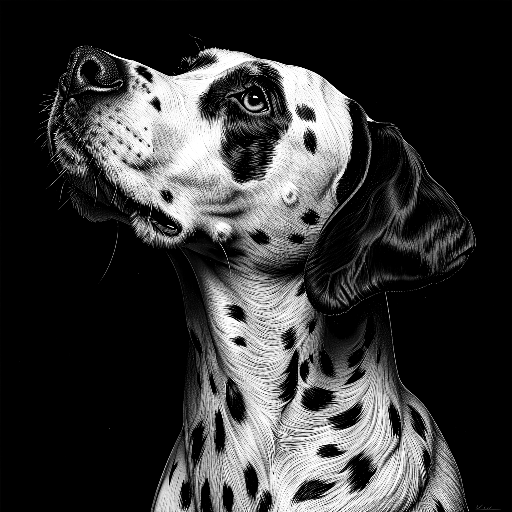 Black and white Dalmatian dog portrait on a black background