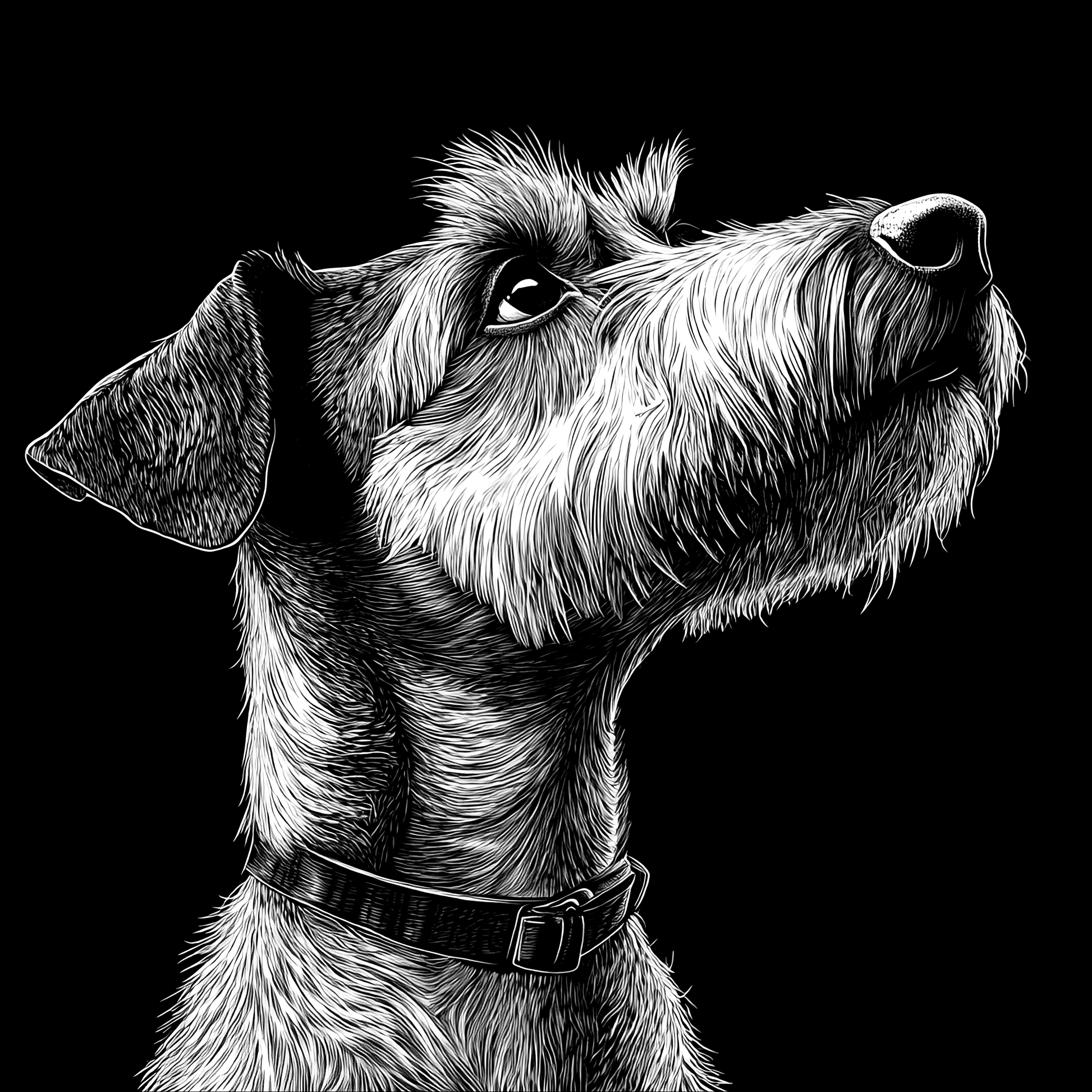 Black and white illustration of a dog with a collar on a black background