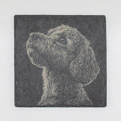 Slate coaster with a engraved portrait of a dog 
