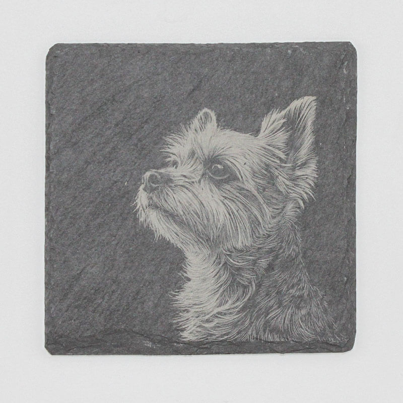 Slate coaster with a engraved portrait of a dog 