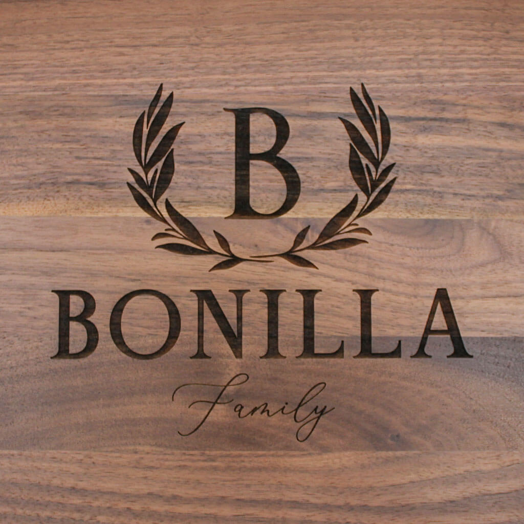 Wooden surface with name engraved in a decorative style