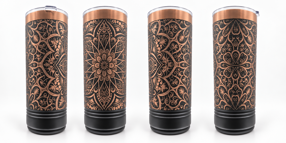 Four views of a black 20 oz stainless steel tumbler with a rose-gold full-wrap mandala laser engraving.