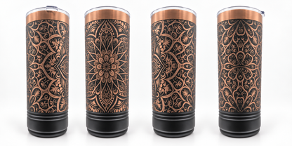 Four views of a black 20 oz stainless steel tumbler with a rose-gold full-wrap mandala laser engraving.