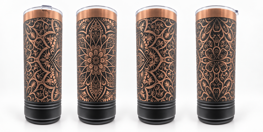 Four views of a black 20 oz stainless steel tumbler with a rose-gold full-wrap mandala laser engraving.