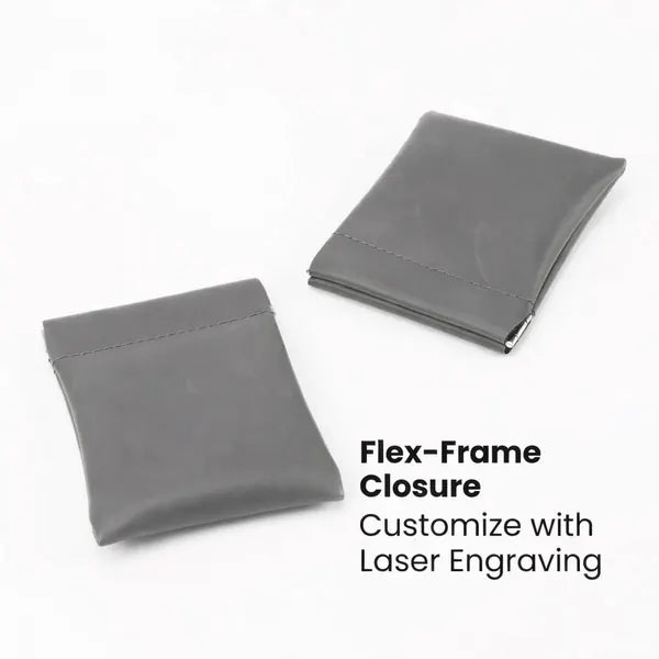 Two gray leather pouches with a flex-frame closure on a white background.
