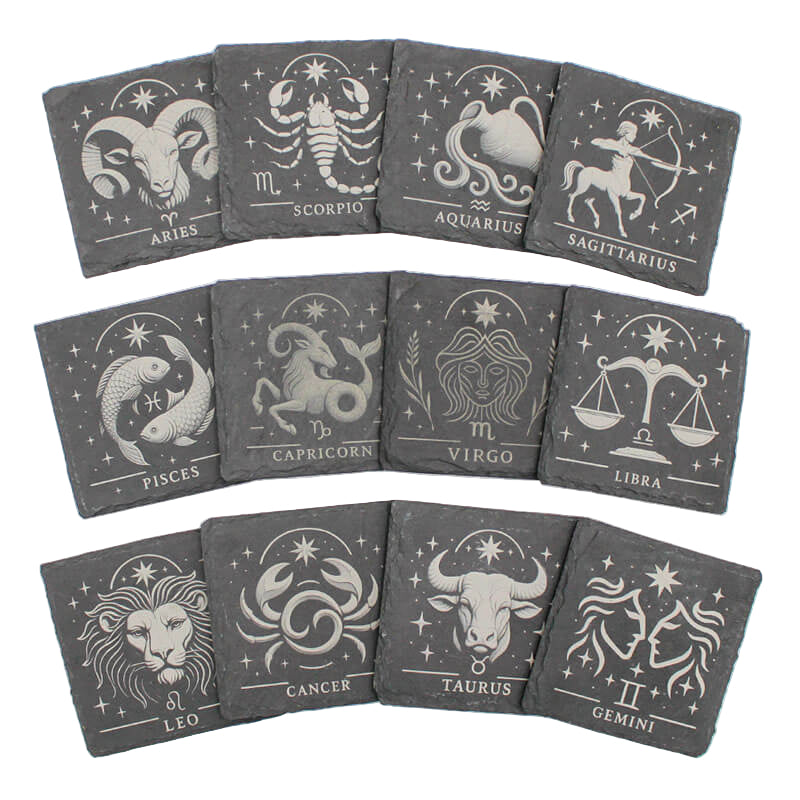 Set of twelve zodiac coasters on a white background