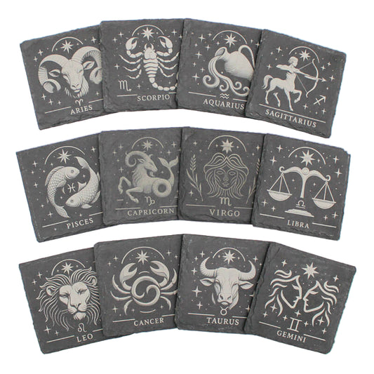 Set of twelve zodiac coasters on a white background