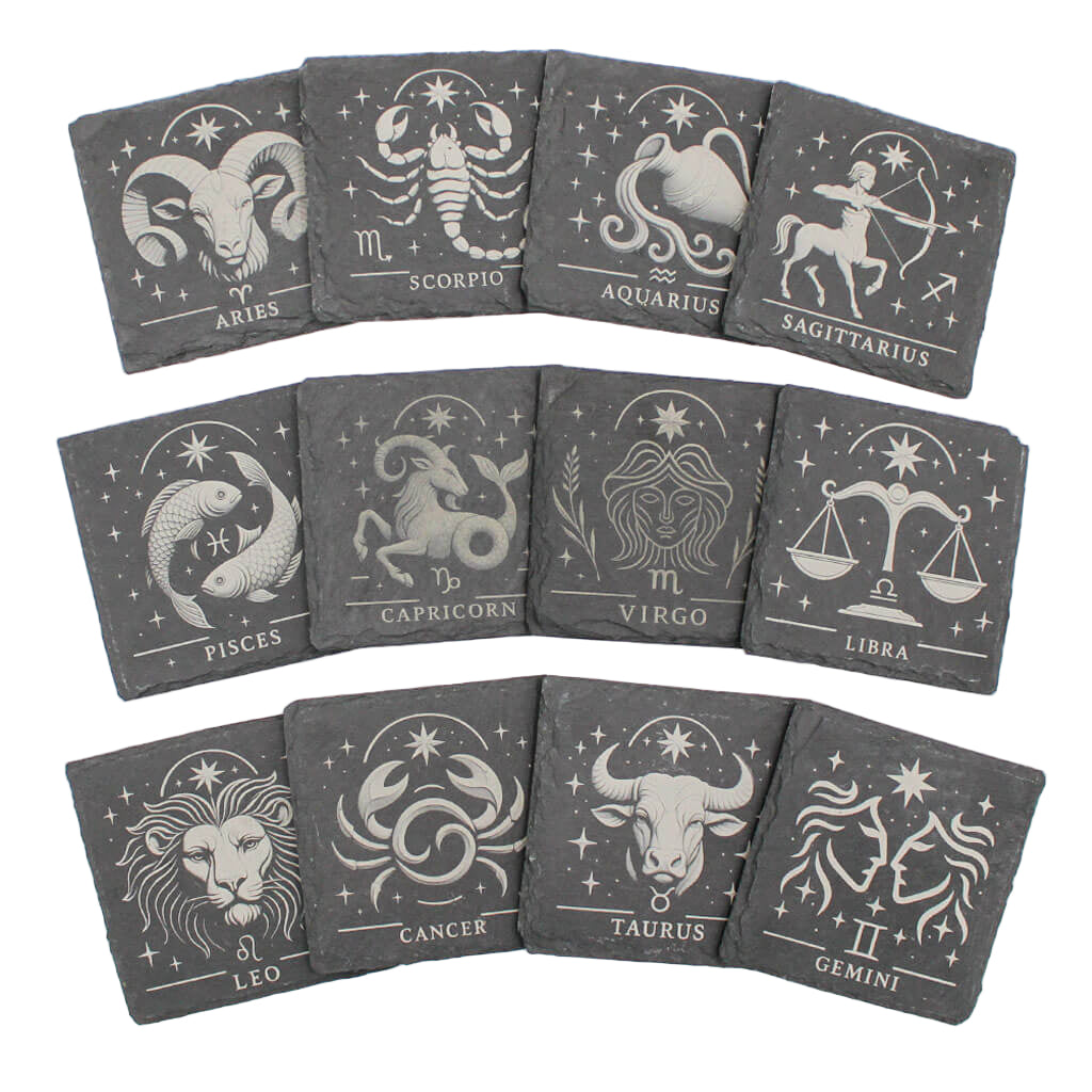 Set of twelve gray coasters with zodiac symbols on a white background