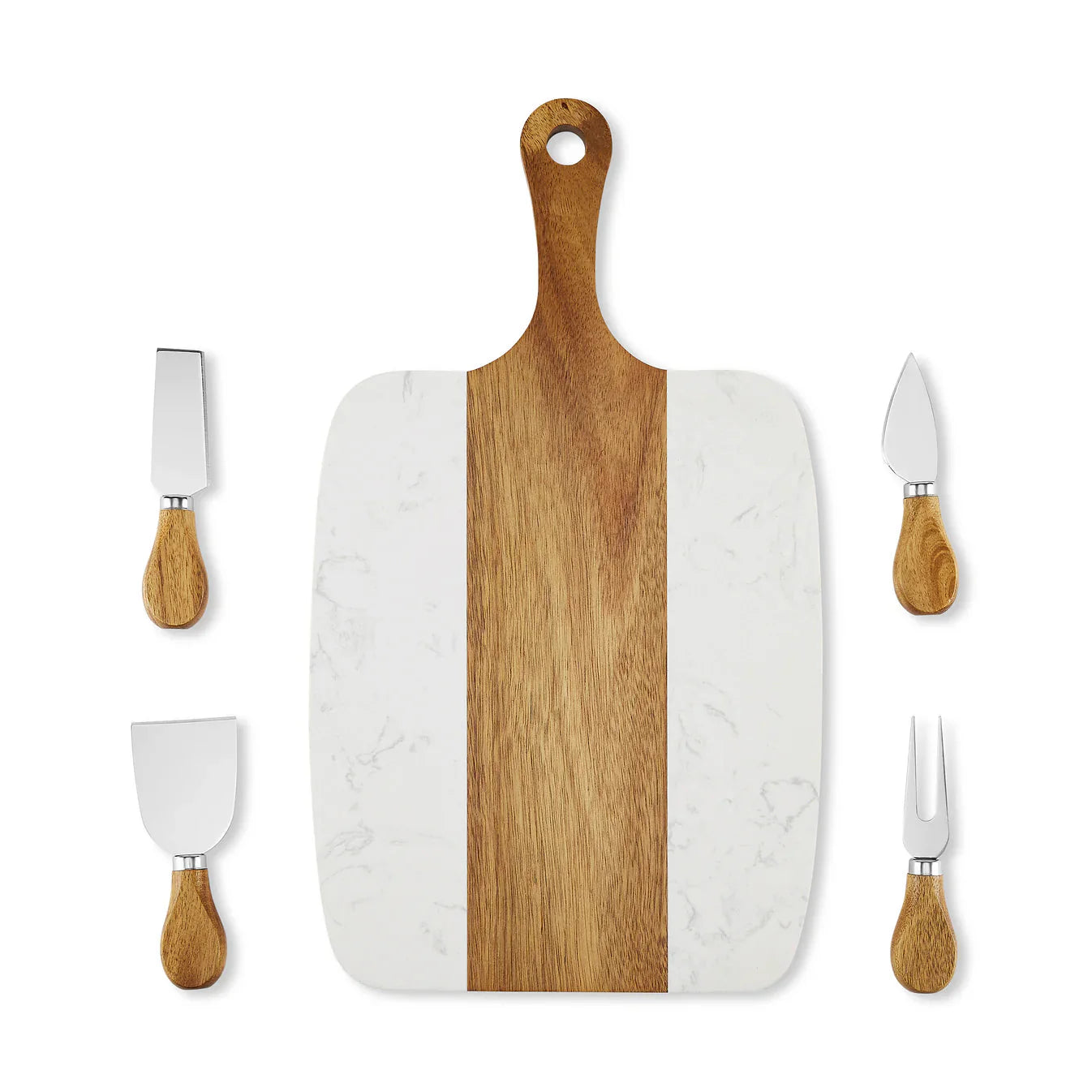 Marble and acacia wood charcuterie board with four cheese knives – perfect for entertaining or gifting