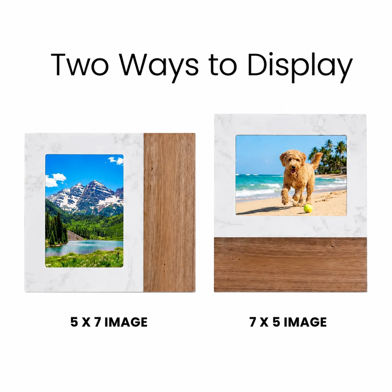Marble and wood picture frame showing two display orientations for 5x7 and 7x5 photo layouts on a clean white background