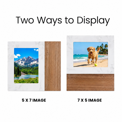 Marble and wood picture frame showing two display orientations for 5x7 and 7x5 photo layouts on a clean white background