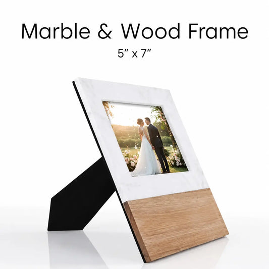 Marble and wood picture frame showing two display orientations for 5x7 and 7x5 photo layouts on a clean white background