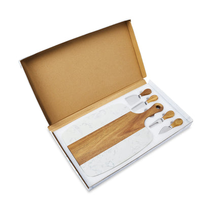 Wooden cheese board set with knives in a box on a white background