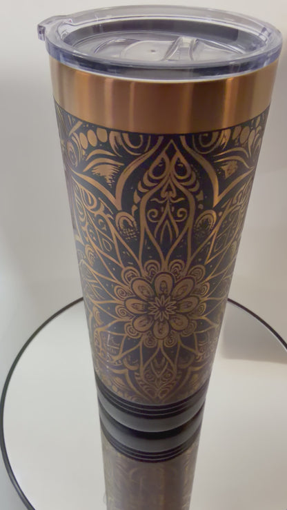Full-Wrap Mandala Engraved 20 oz Skinny Black Tumbler