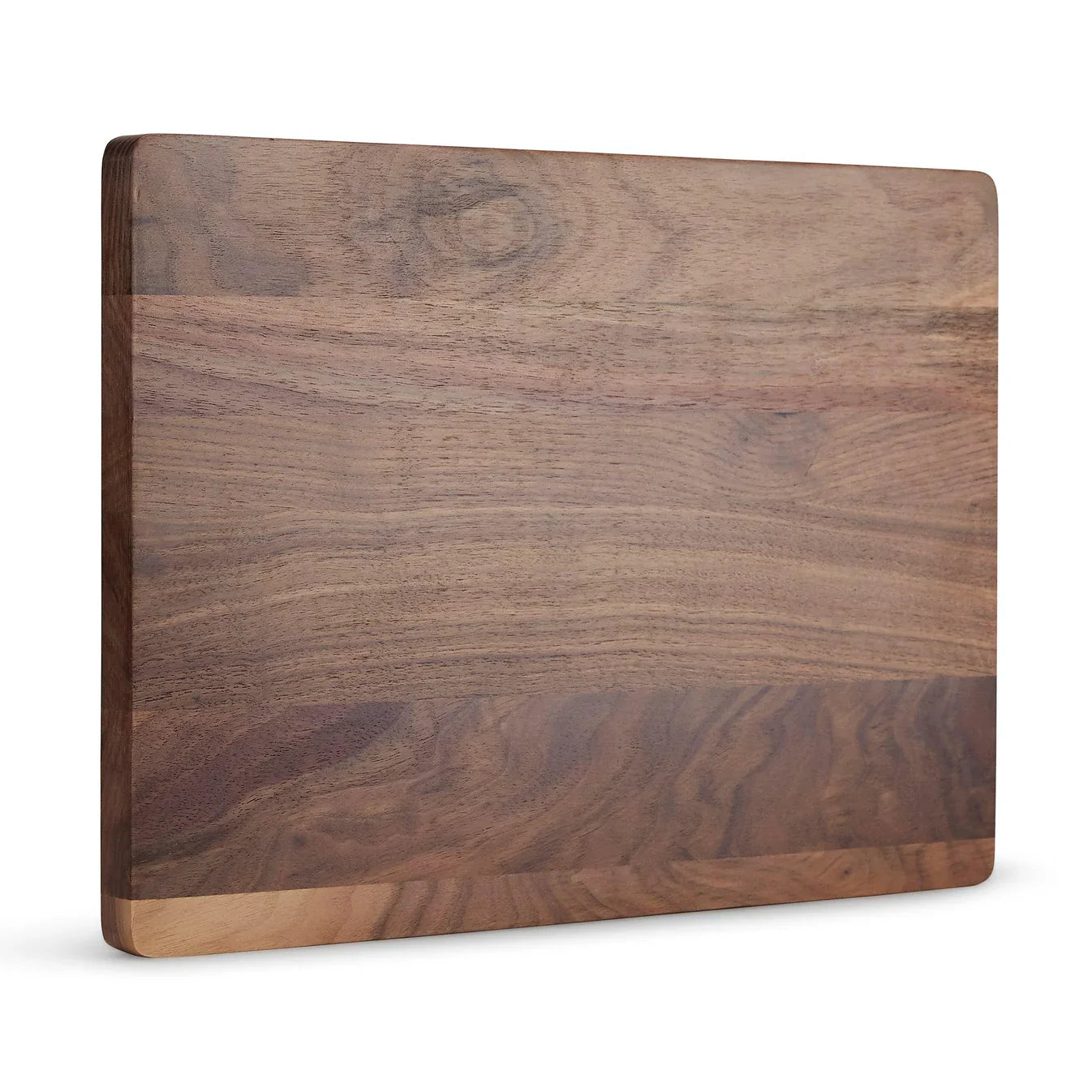 Wooden cutting board with a dark brown edge on a white background